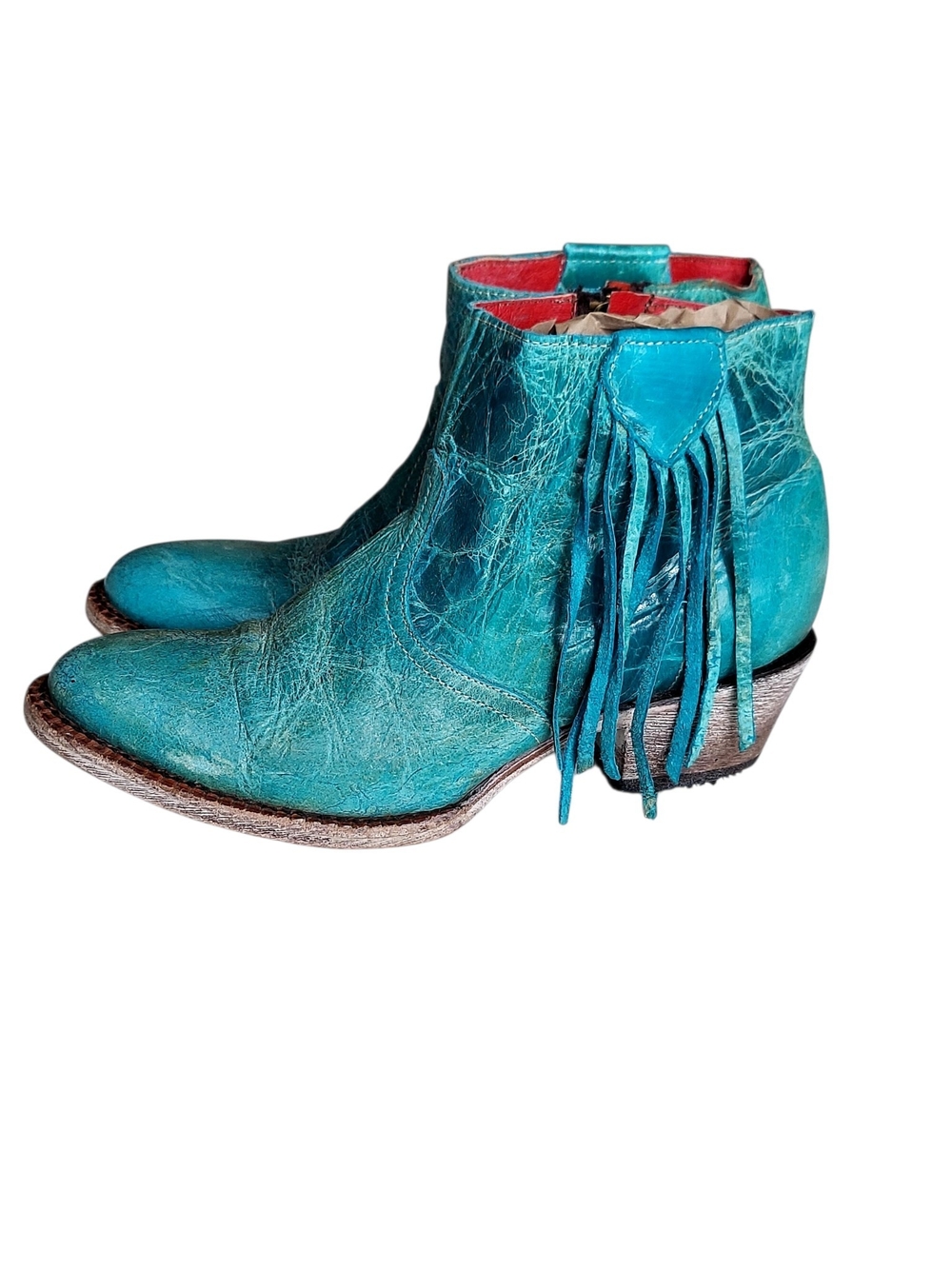 Ferrini Turquoise Teal Leather Fringe Western Ankle Boots 6.5 Coastal Cowgirl - Picture 9 of 12